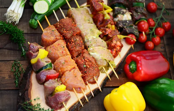 Зелень, лук, мясо, перец, овощи, помидоры, боке, огурцы