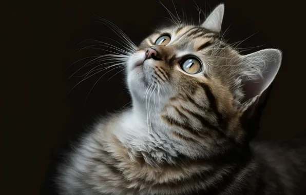 Кошка, кот, взгляд, темный фон, котенок, серый, графика, портрет