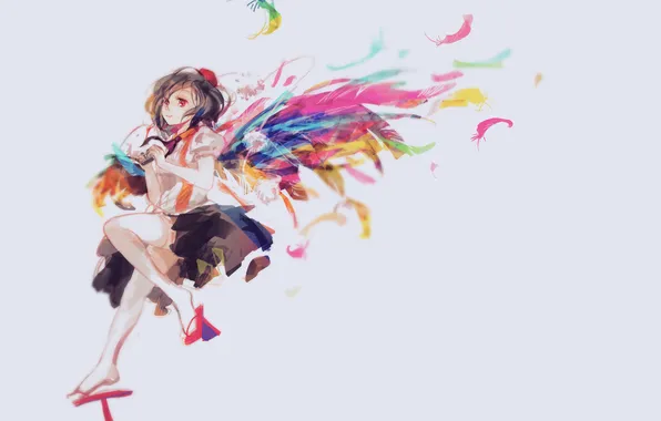 Девушка, крылья, аниме, перья, арт, touhou, shameimaru aya