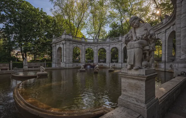 Солнце, деревья, парк, Германия, фонтан, скульптуры, Берлин, Märchenbrunnen