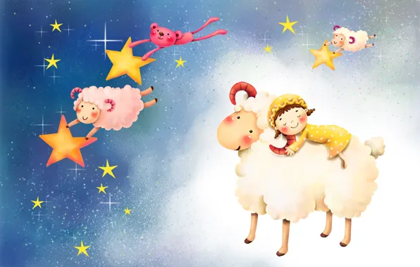 Картинка звезды, ночь, фон, обои, сон, детские, овечки
