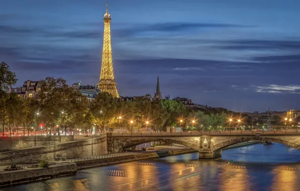 Мост, река, Франция, Париж, Эйфелева башня, Paris, ночной город, набережная