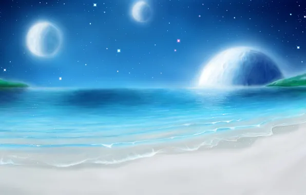 Море, пляж, небо, звезды, ночь, планеты