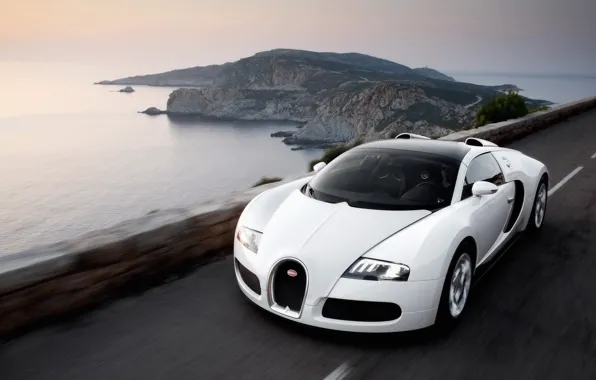 Дорога, море, белый, Bugatti, Veyron