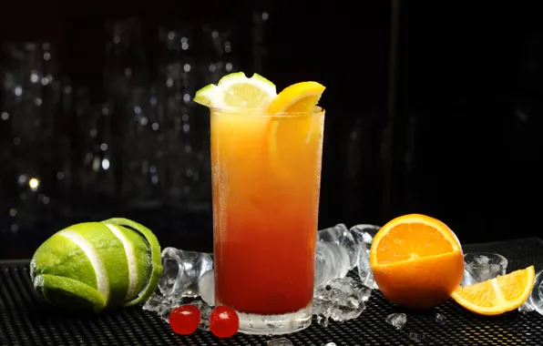 Картинка лед, вишня, стакан, апельсин, сок, коктейль, лайм, цитрусы