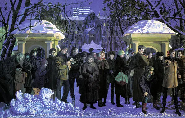 Зима, Снег, Люди, Картина, Остановка, Памятник, Советский и российский художник, Михаил Шаньков