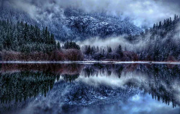 Картинка зима, снег, природа, туман, озеро