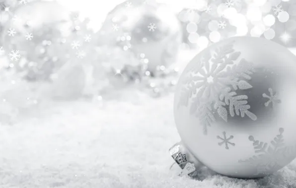 Картинка белый, снег, снежинки, игрушка, шар, Новый Год, Рождество, Christmas