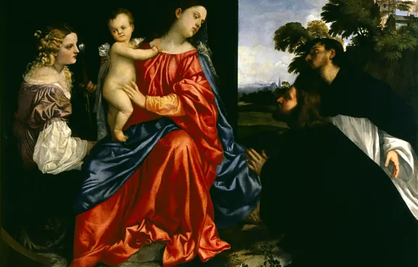 Titian Vecellio, Мадонна с младенцем, 1512-1516, св.Домиником и донатором, св.Екатериной