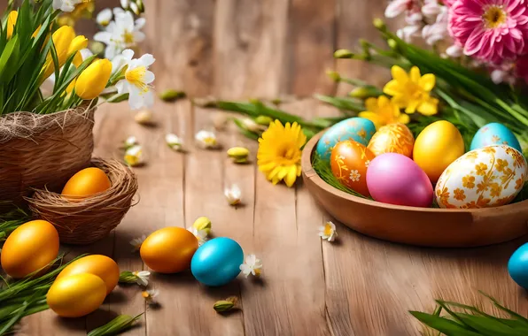 Картинка цветы, яйца, весна, colorful, Пасха, happy, flowers, spring