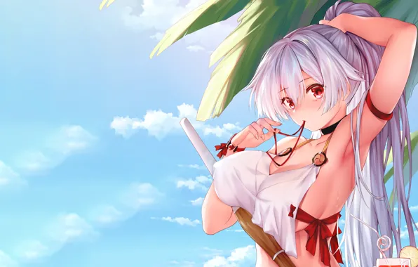Girl, sexy, cleavage, sky, long hair, boobs, anime, beautiful