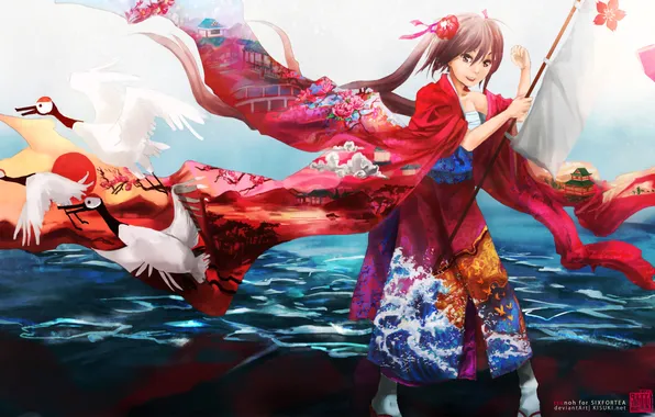 Картинка море, девушка, аниме, кимоно