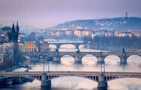 Картинка небо, мост, река, башня, дома, Прага, Чехия
