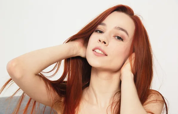Model, red hair, long hair, close-up, eyes, smile, lips, lovely