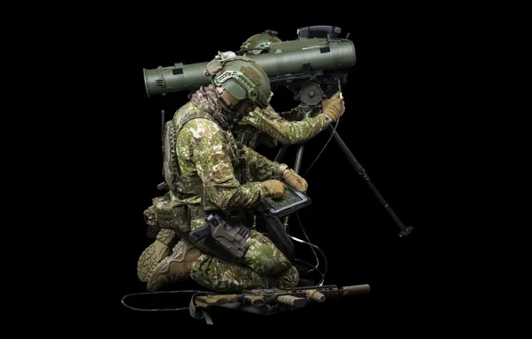 Картинка Черный фон, Солдаты, Swiss Army, SPIKE LR2, Армия Швейцарии, ПТРК SPIKE LR2, Anti-tank guided missile