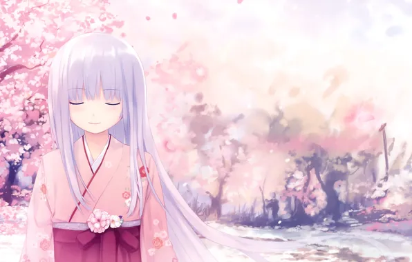 Картинка девушка, аниме, сакура, арт, кимоно, длинные волосы, Coffee Kizoku