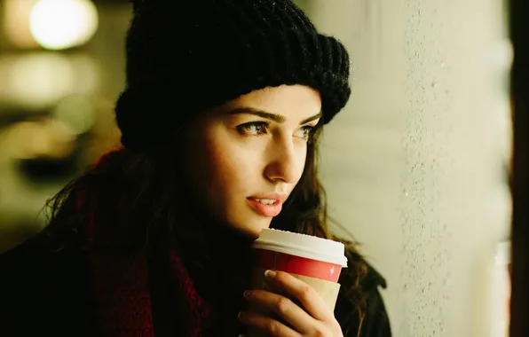 Зима, взгляд, девушка, улыбка, шапка, кофе, шарф, Girl
