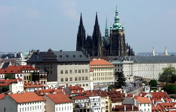 Небо, дома, Прага, Чехия, собор Святого Вита, пражский град