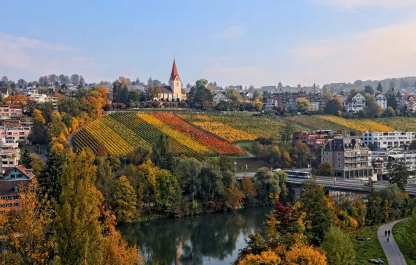 Картинка пейзаж, река, дома, Швейцария, склон, виноградник, Цюрих