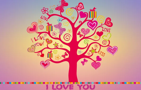 Любовь, дерево, colorful, сердечки, love, I love you, butterfly, background