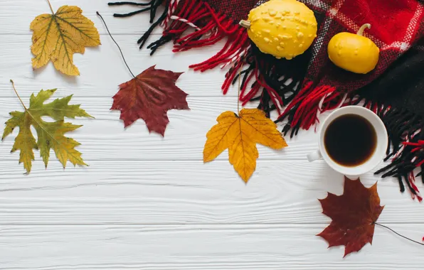 Картинка осень, листья, кофе, шарф