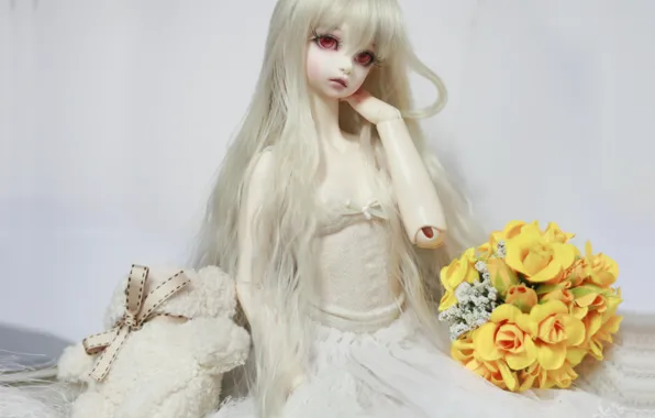 Цветы, кукла, платье, мишка, красные глаза, бантик, длинные волосы, doll