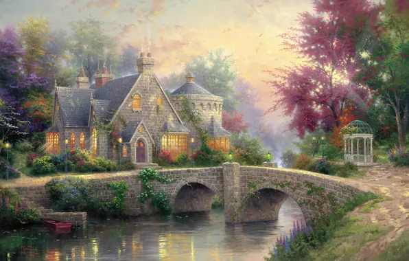 Картинка bridge, river, усадьба, manor, art, Lamplight Manor, lamps, поместье