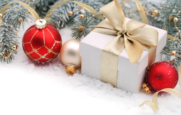 Шарики, снег, ветки, коробка, подарок, шары, игрушки, Новый Год