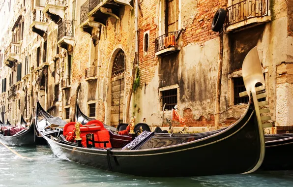 Окна, здания, канал, архитектура, венеция, италия, гондолы, Venice