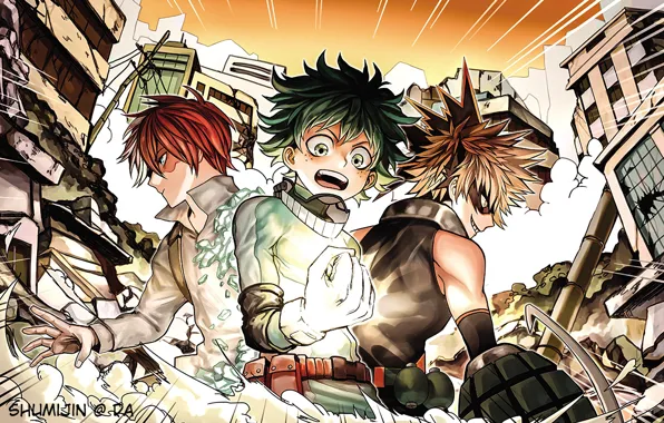 Аниме, арт, парни, Boku no Hero Academia, Моя геройская академия, Бакугоу, Изуку, Шото