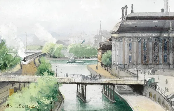 Мост, город, река, улица, здание, железная дорога, стокгольм, ann palm