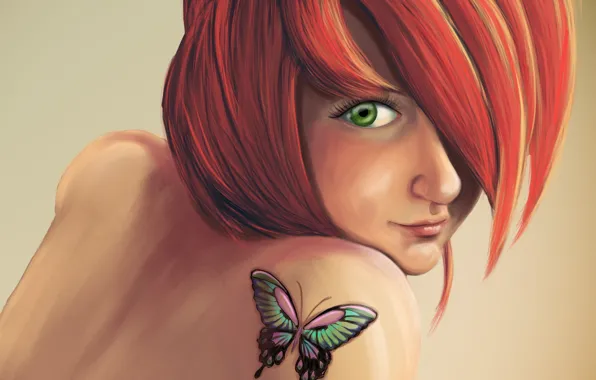 Девушка, бабочка, тату, арт, татуировка, рыжая, плечо, Anna Mannco