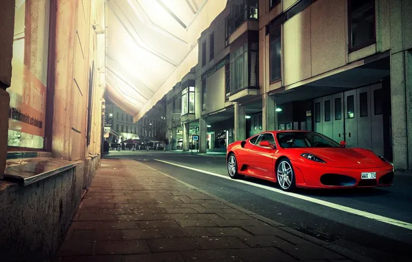 Картинка город, улица, F430, Ferrari, red, феррари, красная, магазины