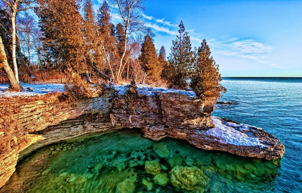 Картинка снег, деревья, озеро, обрыв, берег, Jasper, Canada, Maligne Lake