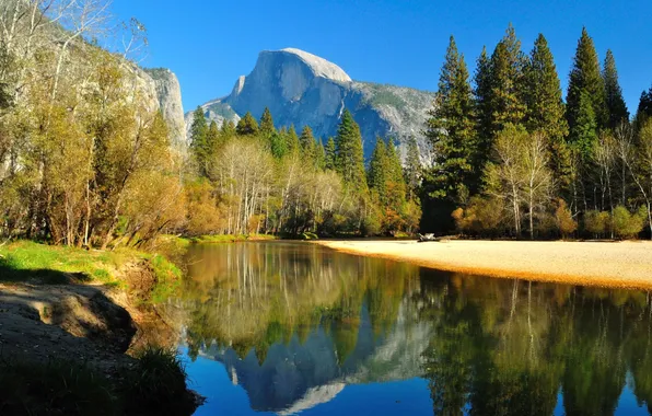 Картинка осень, лес, деревья, горы, река, Калифорния, США, Yosemite National Park