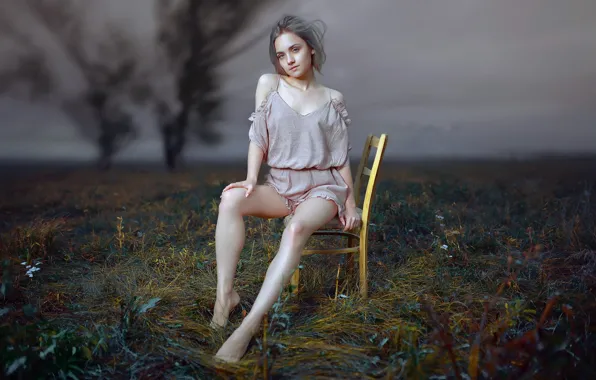 Картинка поле, девушка, стул