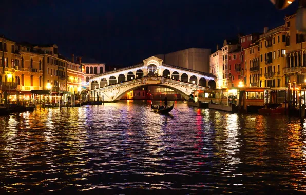 Ночь, мост, город, лодки, освещение, Италия, Венеция, канал