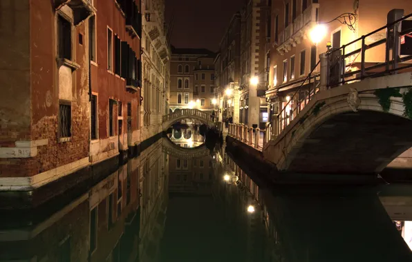 Ночь, канал, венеция, италия