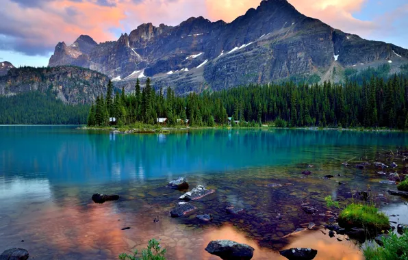 Лес, пейзаж, горы, природа, озеро, отражение, Канада, Бнаф