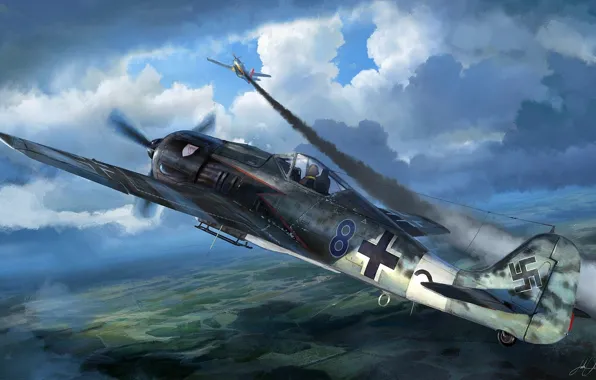 Картинка самолет, рисунок, истребитель, немцы, фокке вульф, Fw 190, люфтваффе