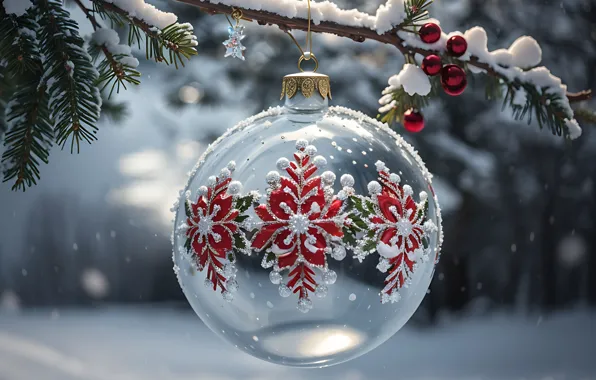 Новый Год, snow, зима, Christmas, decoration, стеклянный шар, glass, снег