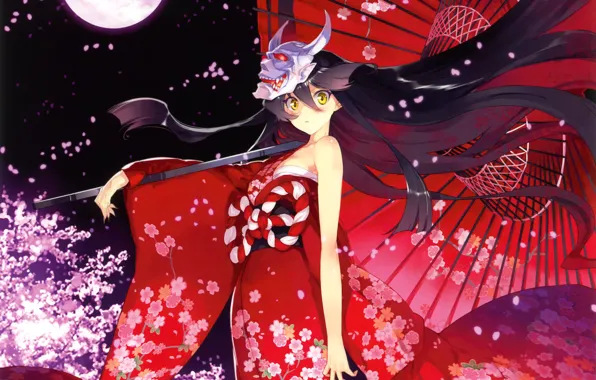 Картинка девушка, цветы, ночь, луна, зонт, аниме, лепестки, сакура
