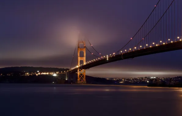 Мост, город, огни, освещение, залив, США