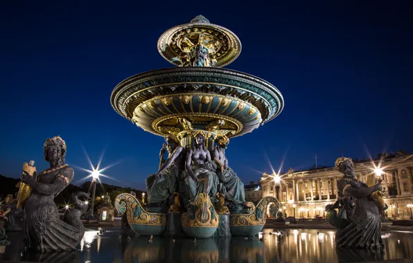 Город, Франция, Париж, вечер, освещение, фонтан, скульптуры, Площадь Согласия