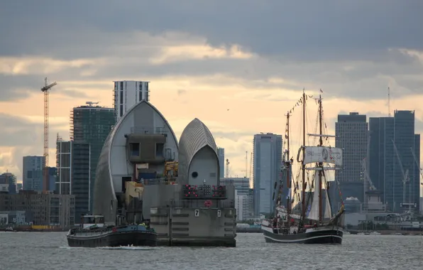 Река, Лондон, корабли, постройки, England, The Thames Barrier at London