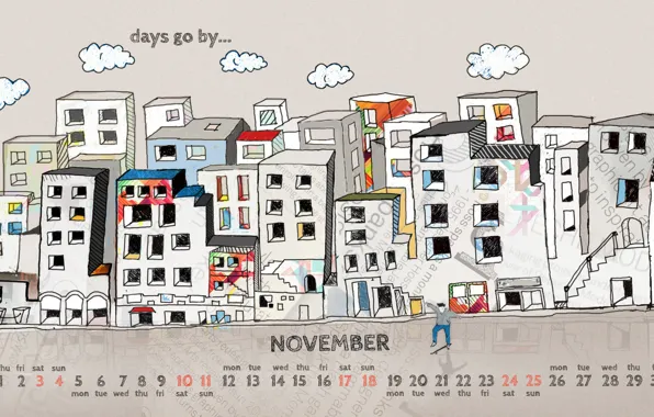 Город, рисунок, человек, дома, 2012, календарь, числа, ноябрь