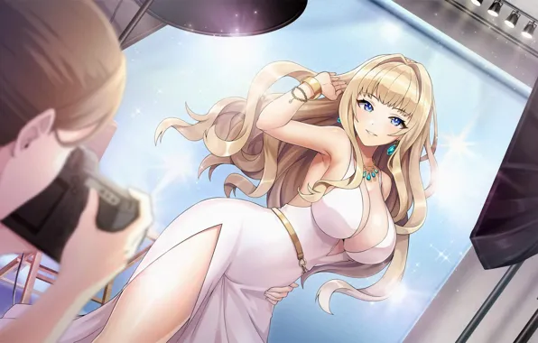 Dress, anime, blue eyes, camera, blonde, big boobs, anime girls