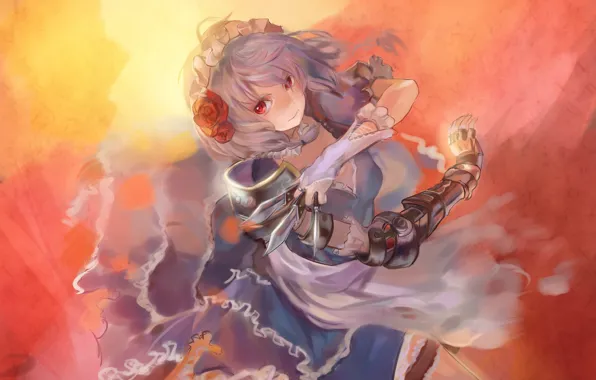 Перчатки, ножи, красные глаза, униформа, оборки, цветок в волосах, Izayoi Sakuya, железная рука