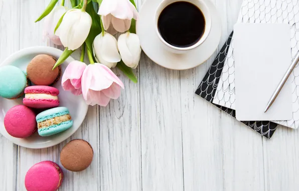 Картинка colorful, тюльпаны, pink, tulips, coffee cup, macaroons, macaron, чашка кофе
