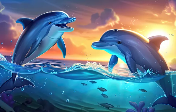 Вода, Море, Рассвет, Рыбки, Двое, Дельфины, Цифровое искусство, ИИ-арт